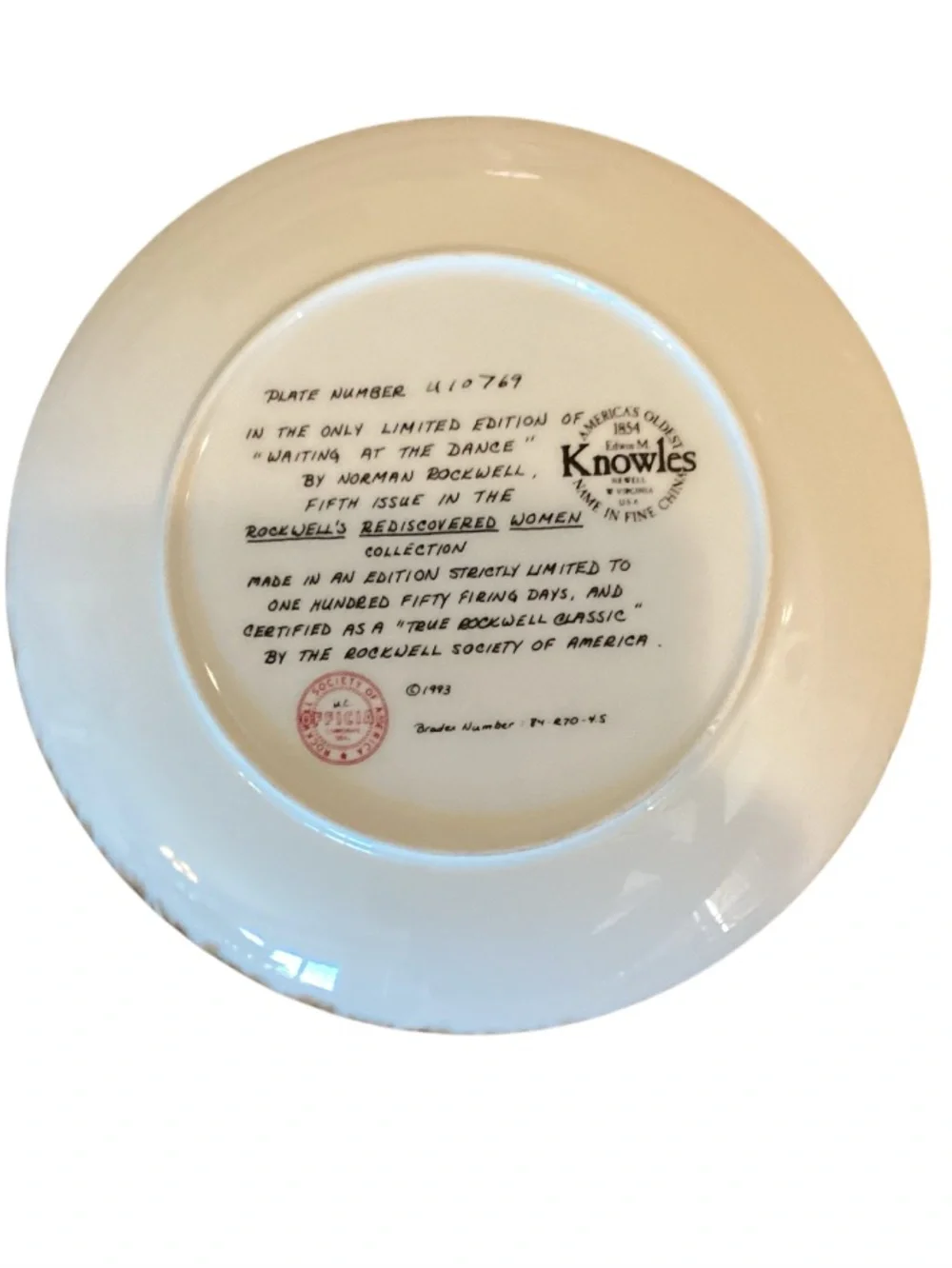 Knowles Norman Rockwell 1983 Waiting at the Dance Collectors Plate Box & Cert